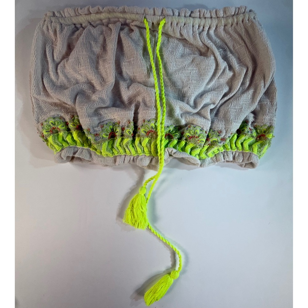 Free People Neon Yellow Embroidered Beaded Tassel Tube Top Gray Small